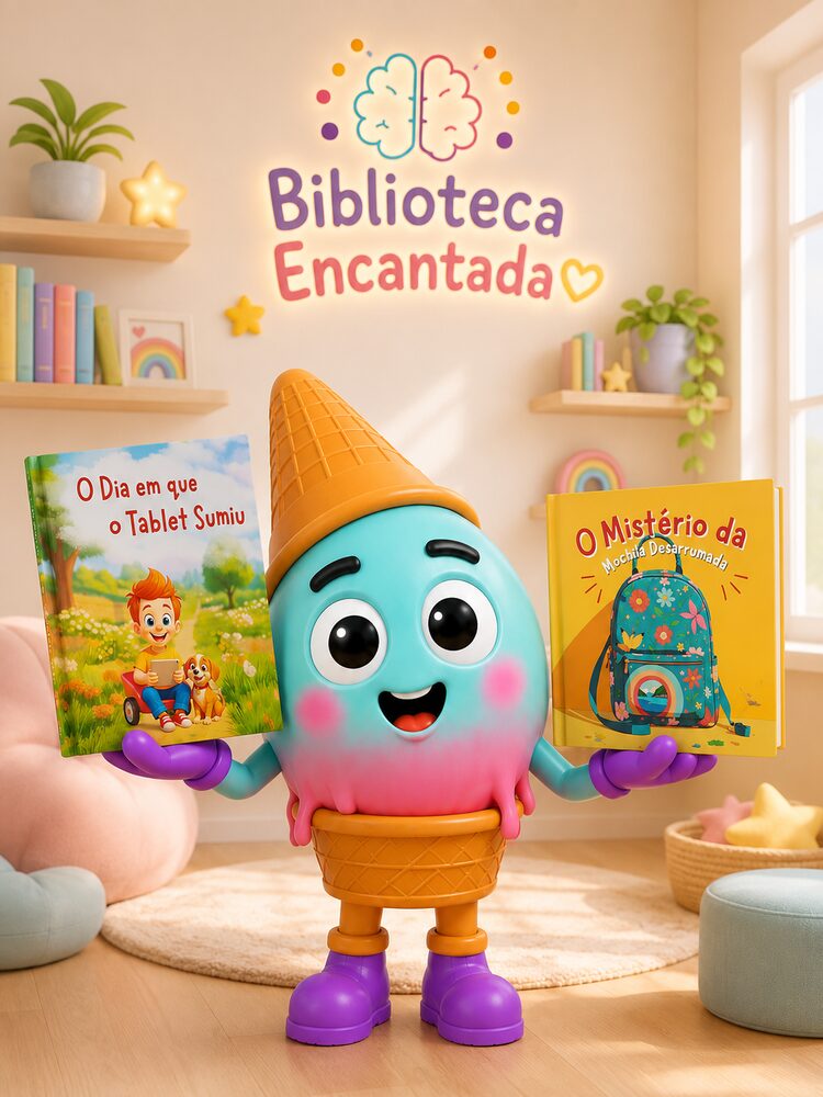 Mascote da Biblioteca Encantada segurando o audiobook O Dia em que o Tablet Sumiu