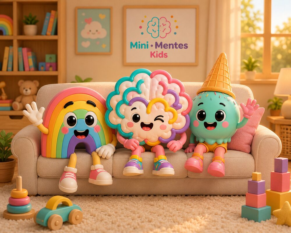 Mascotes da Mini Mentes Kids em uma sala de estar aconchegante