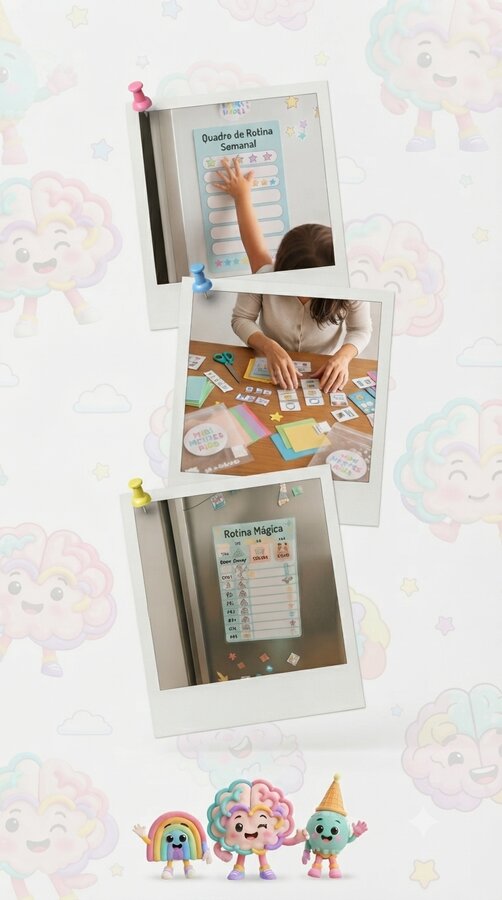 Mural com fotos de famílias usando o quadro da Rotina Mágica em casa